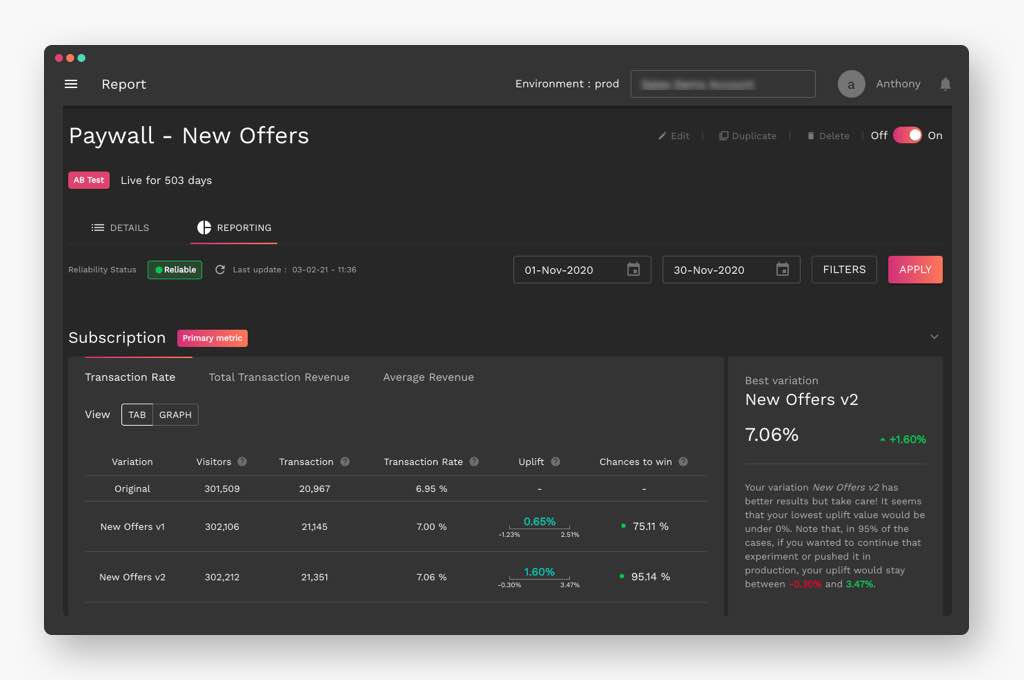 Flagship's Report Interface for Experimentation & A/B Tests