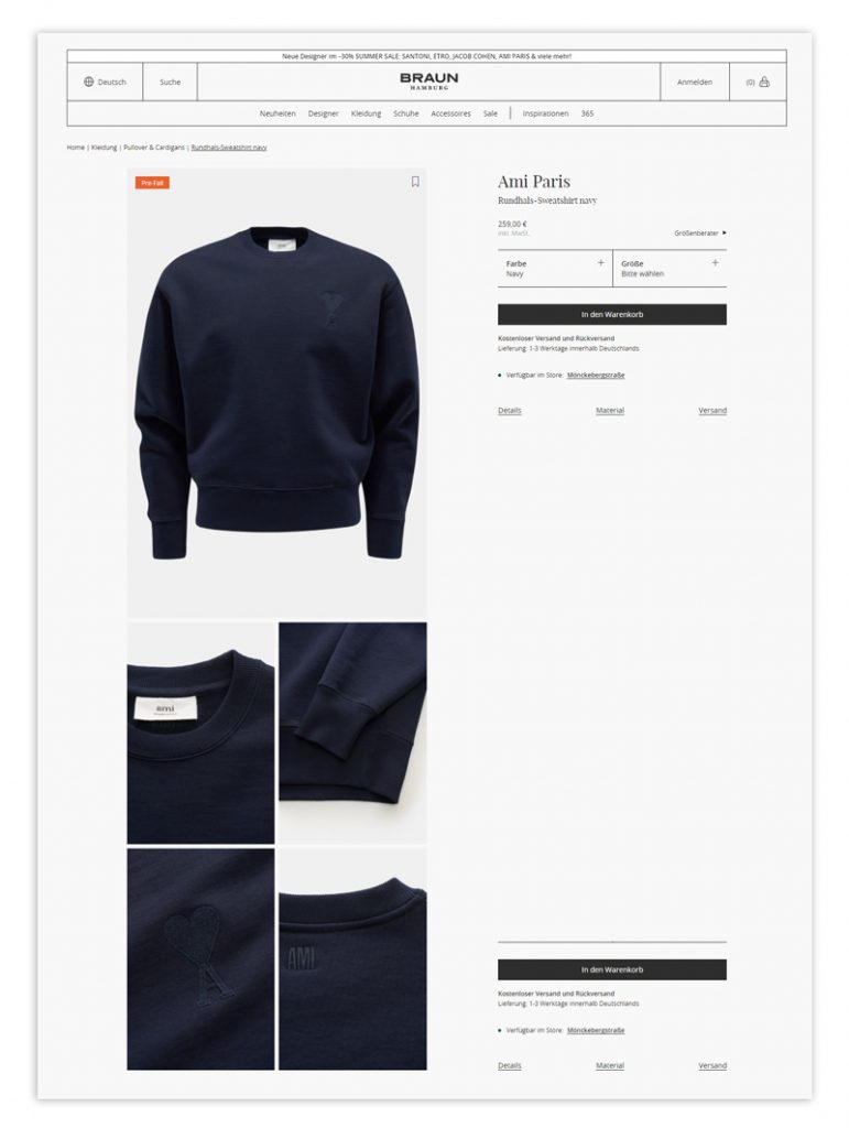 Der Screenshot zeigt ein Beispiel für die Produktdarstellung mit mehreren Produktfotos im Online Shop von Braun Hamburg.