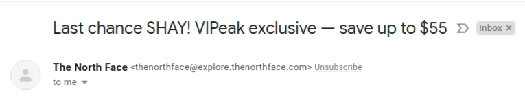 The North Face - using FOMO in email subject line